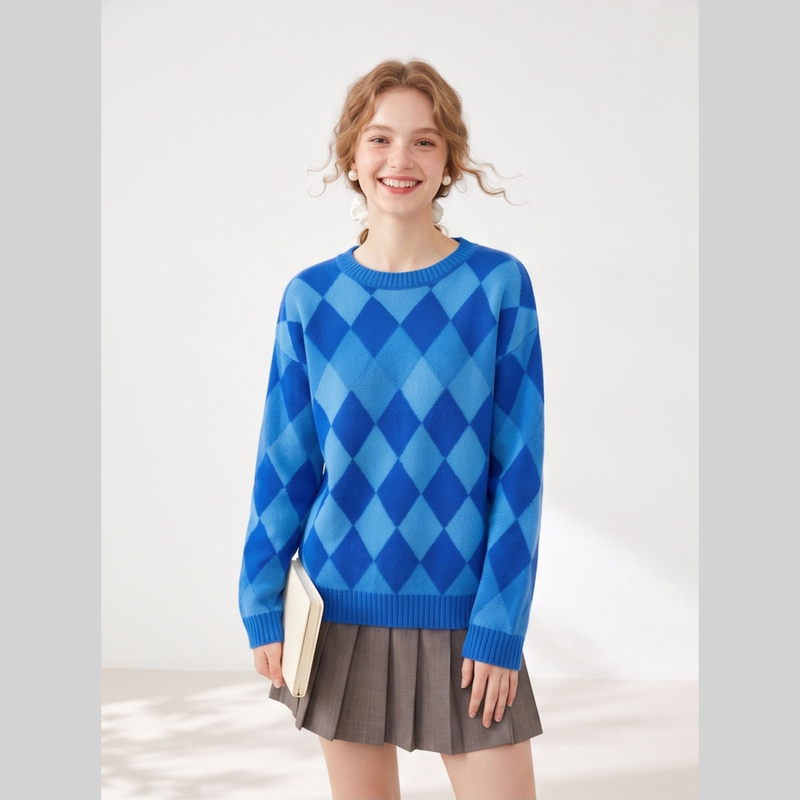 2026 Autumn Fashion Simple Blue Argyle Knit Sweater for Women, Round Neck Pullover, Loose and Soft Lazy Style