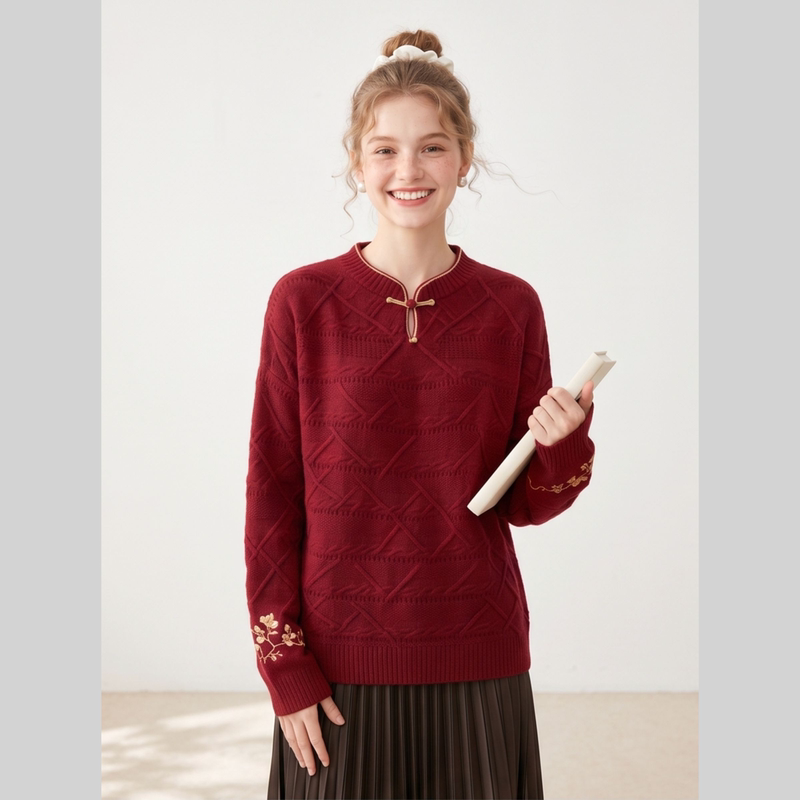 Light Luxury Fashion Niche Design Retro Buttoned Stand Collar Sweater for Women Red Autumn Knitwear Chinese Style Top
