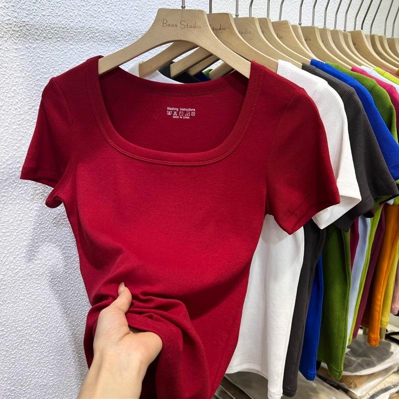 Square Neck Short-Sleeve T-Shirt for Women, 2026 Summer New Style, Slim-Fit Ribbed Base Shirt, Low-Necked Top That Reveals Collarbones