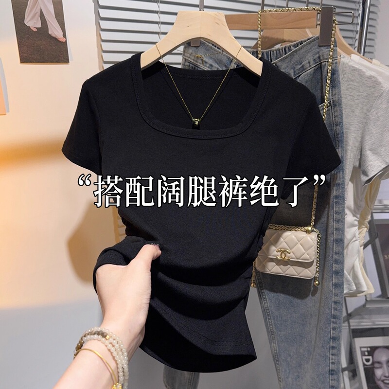 Square-Neck Pleated Short-Sleeved T-Shirt for Women, New Summer Style, Slim-Fitting Design, Stylish Waist-Cinching, Black Top for Inner Wear and Outer Wear Square-Neck Pleated Short-Sleeved T-Shirt for Women, New Summer Style, Slim-Fitting Design, Stylish Waist-Cinching, Black Top for Inner Wear and Outer Wear