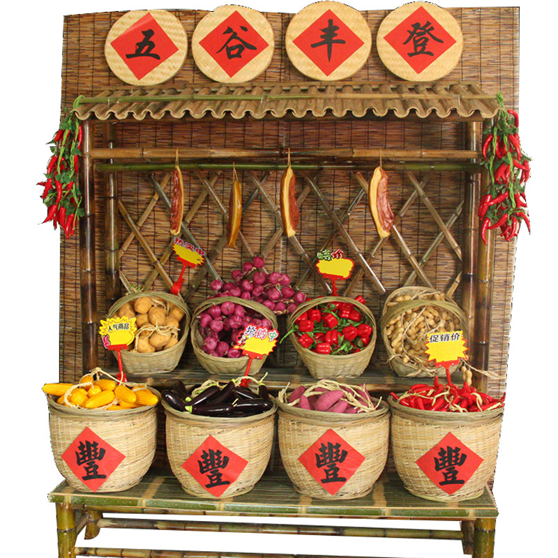Bamboo Shelf for Hanging Cured Meat, Farmhouse Specialty Display Rack with Roof, Vintage Shelf, Restaurant Open Counter Decoration Bamboo Basket
