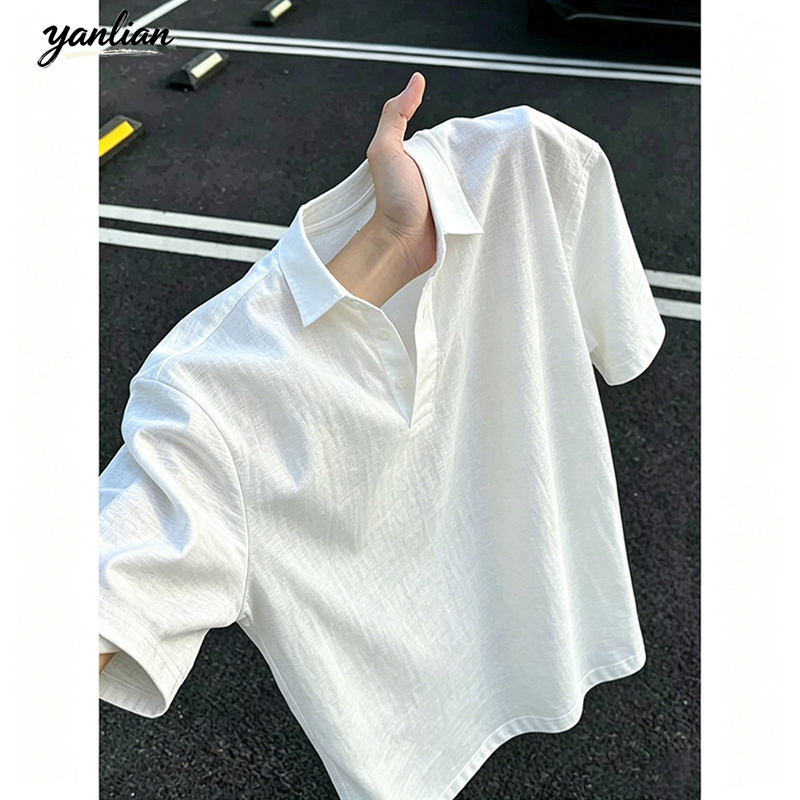 Retro Old Money Style Imitation Linen Short-Sleeved Polo Shirt for Men, Summer Thin Lapel Breathable T-Shirt, Relaxed Cotton and Linen Top