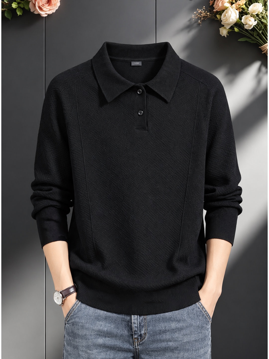 Dragon Scale Pattern Lapel Men's Polo Shirt, Autumn American-Style Heavyweight Sweatshirt, Loose Casual Long-Sleeve T-Shirt