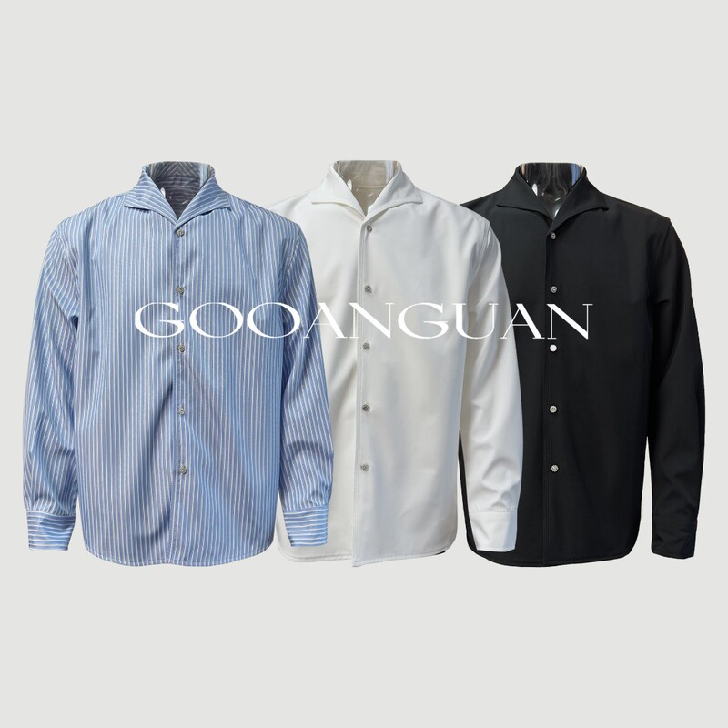 Gu'An Guan Seagull Collar Straight Shoulder Black and White Solid Color Striped Shirt Wrinkle-Resistant Commuting Men's Long-Sleeve Top for Single Wear or Layering Gu'An Guan Seagull Collar Straight Shoulder Black and White Solid Color Striped Shirt Wrinkle-Resistant Commuting Men's Long-Sleeve Top for Single Wear or Layering