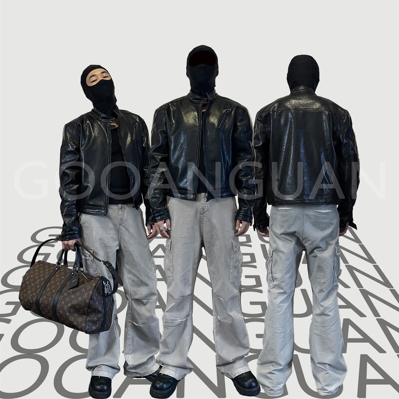 Gu'An Guan Retro Men's American Street Biker-Style Leather Jacket for Autumn and Winter, Height-Enhancing, Casual, Versatile, Stiff Stand-Up Collar Jacket Gu'An Guan Retro Men's American Street Biker-Style Leather Jacket for Autumn and Winter, Height-Enhancing, Casual, Versatile, Stiff Stand-Up Collar Jacket