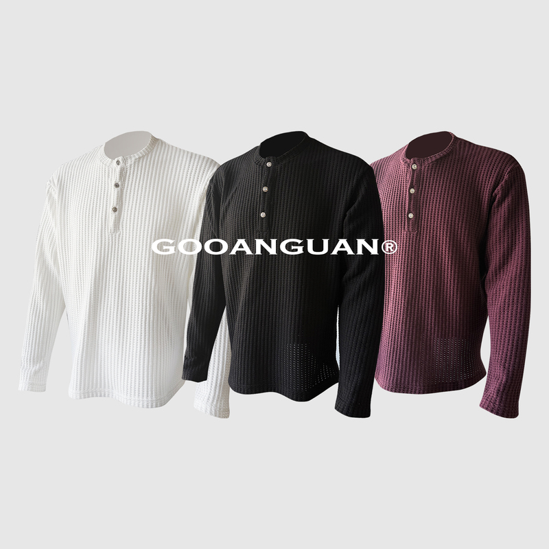 Waffle Knit Henry Collar Long-Sleeve Sweater 300g Base Layer Old Money Style Casual Lazy Trendy Men's Top T-Shirt