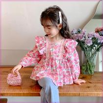 Girls Spring Shirt 2024 New Style Fashionable Floral Top Baby Girl Long Sleeve Princess Style Shirt Thin
