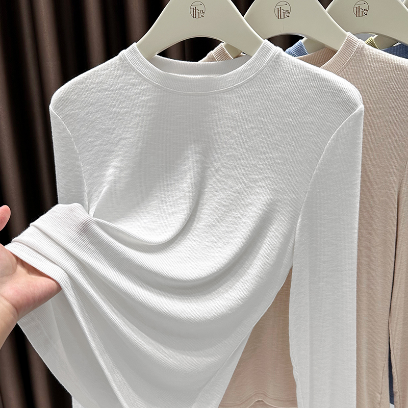 White Basic Bamboo Cotton T-Shirt for Women, Long-Sleeved, Gentle Knit, Waist-Cinching Top, Women's Inner Layer, Thin Base Shirt
