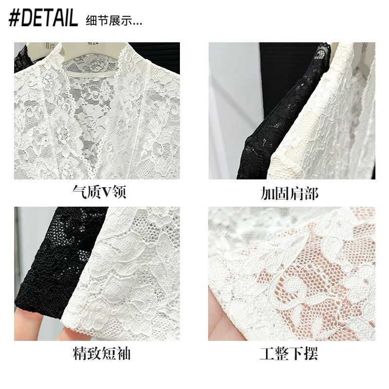 Lace summer breathable design T-shirt, lace dress, with short sleeve, V-neckline, slim fit, trend of season