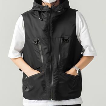 2024 summer new multi-pocket hooded men's vest men's japanese loose work vest casual and versatile trendy