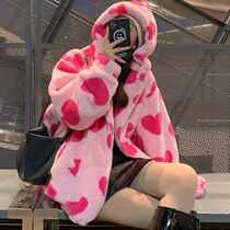 Harajuku Heart-shaped Print Plush Jacket Women Winter 2023 K