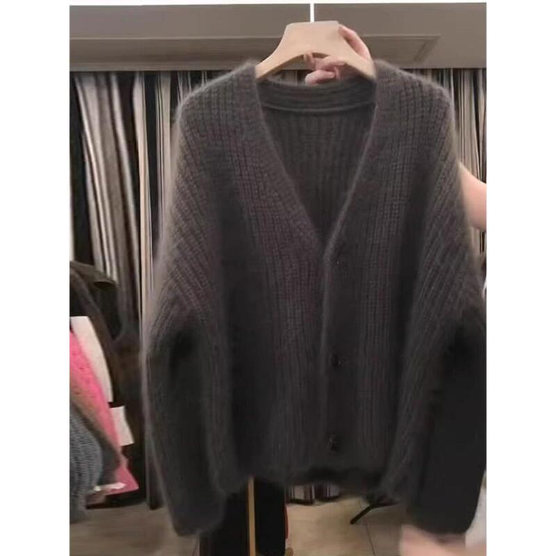 Brown Knitted Women's Cardigan 2025 Spring and Autumn New Slim Fit Plus Size High-End Casual Sweater Jacket