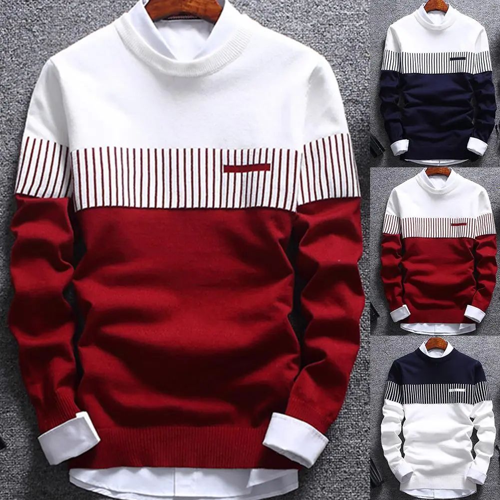 Fashion Men Striped Sweater Pullover Color Block Patchwork O