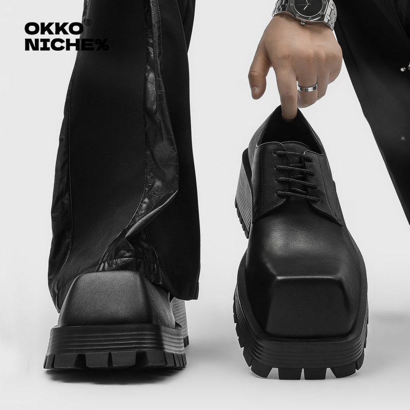 Okko Square-Toe Men's Shoes, British Style, Thick-Soled, Height-Increasing, Black Soft-Soled Casual Shoes, Lightweight and Versatile Paris Derby Shoes