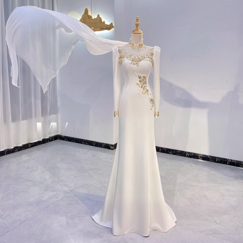 High-End Niche White Dress for Vocal Solo Performance, Suitable for Guzheng Performance, Art Exam, and Host Attire, Dignified and Elegant