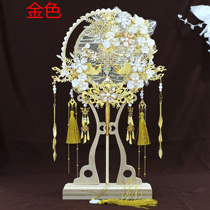 New Chinese style double-sided finished brides wedding fan with red flowers and golden finished wedding fan