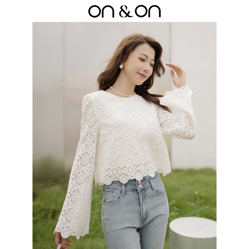 ON&ON Spring Korean Style Cut Out Lace Embroidered Sweet Slimming Versatile Elegant Bell Sleeve Top