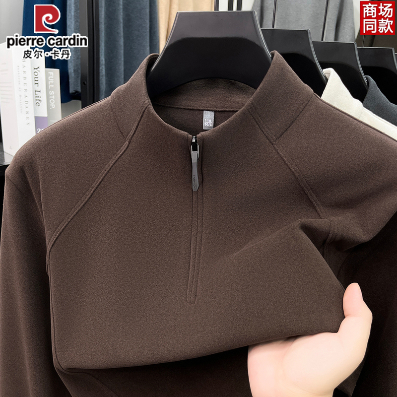 Pierre Cardin Men's Double-Sided Thermal Fleece Stand Collar Zipper 2026 Autumn/Winter New T-Shirt Warm Sweatshirt Casual Base Layer