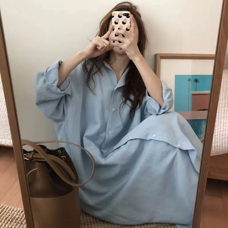 Plus Size Extra Large 150kg Lazy Style Extra Long Shirt-Style Dress Cotton Thin Coat Over-The-Knee Shirt Dress
