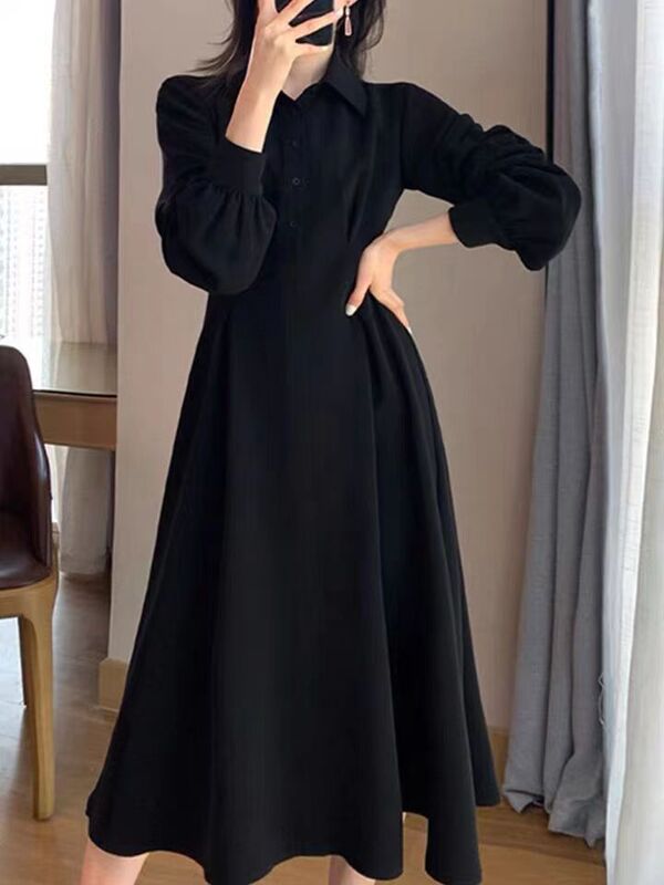 Extra Large Size 150kg Plus-Size Women's Black Polo Collar Dress for Autumn and Winter, Versatile, Slimming, Long Base Layer Little Black Dress
