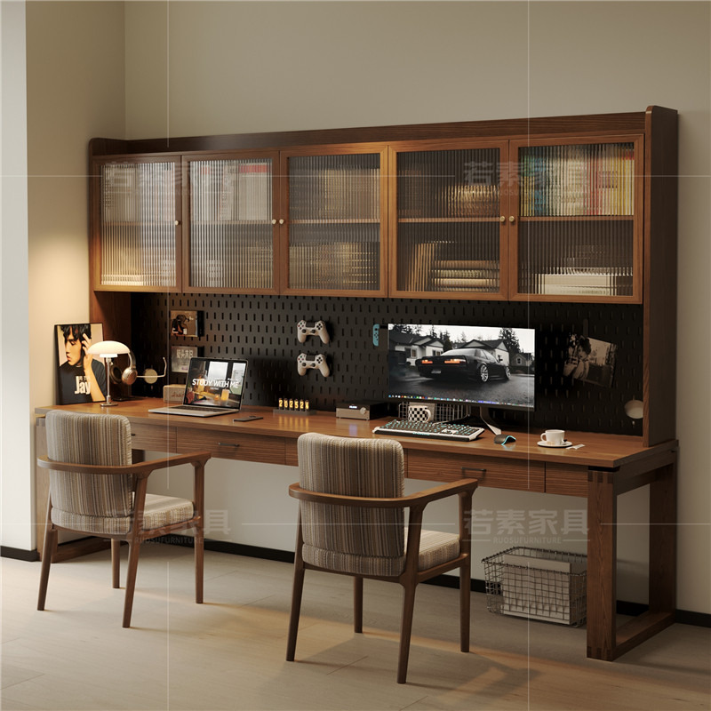 All-Solid Wood Desk and Bookshelf Combination, Wall-Mounted Computer Desk, Double Children's Study Table, Office Workstation All-Solid Wood Desk and Bookshelf Combination, Wall-Mounted Computer Desk, Double Children's Study Table, Office Workstation