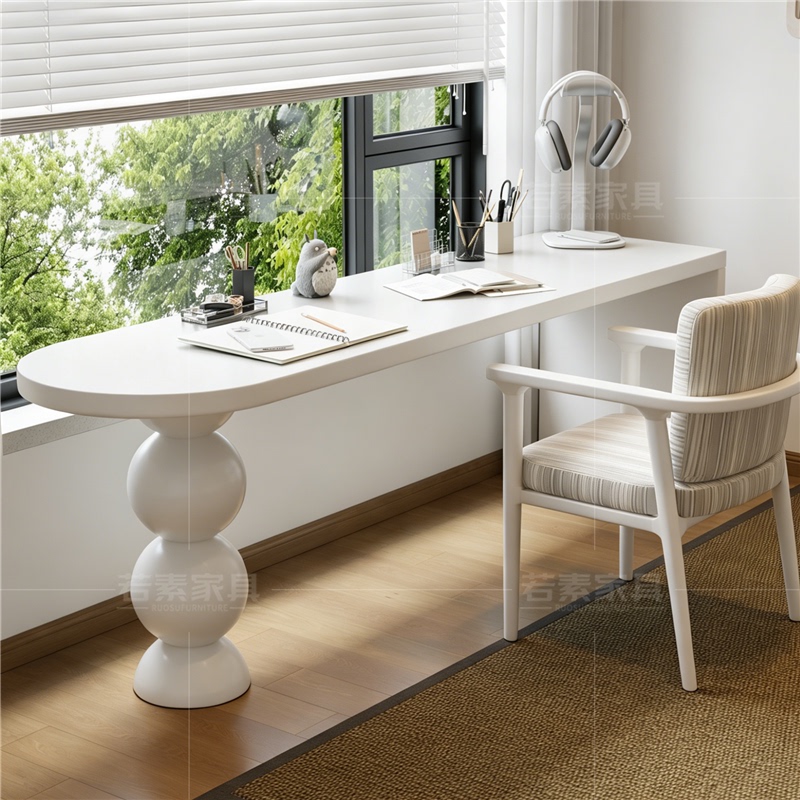 Cream-Colored Solid Wood Long Table, White Computer Desk, Bedroom Window-Side Writing Desk, Double Desk, Workbench