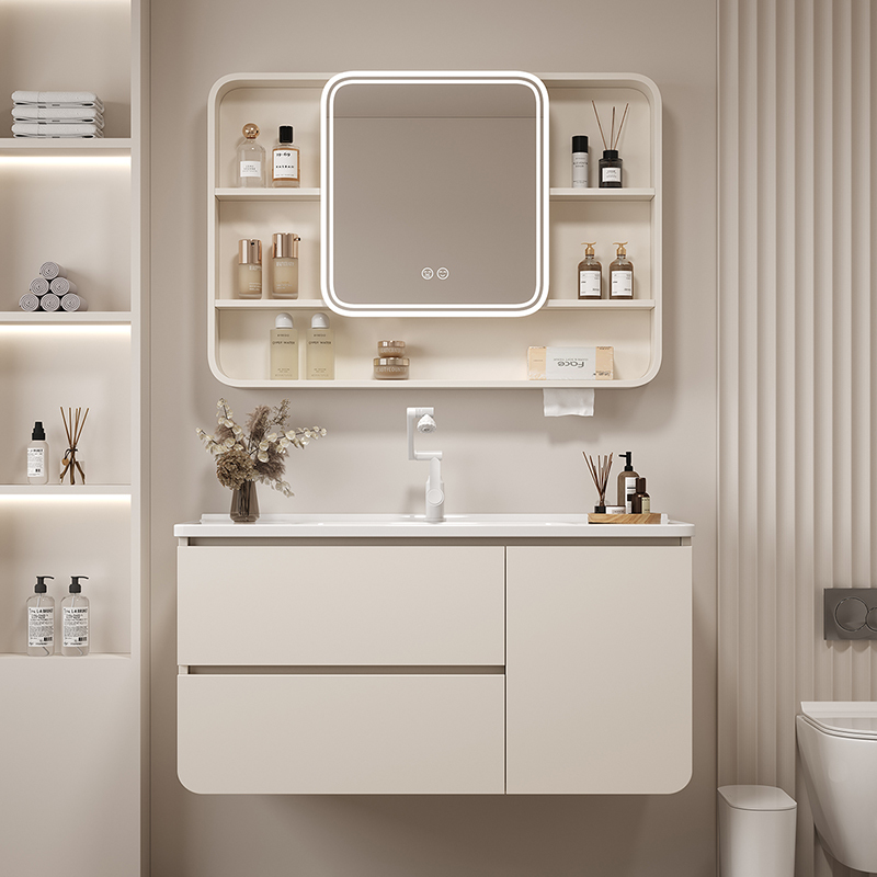 Thickened All-Aluminum Honeycomb Cream White Arc-Shaped Bathroom Cabinet Set with Integrated Ceramic Washbasin and Vanity