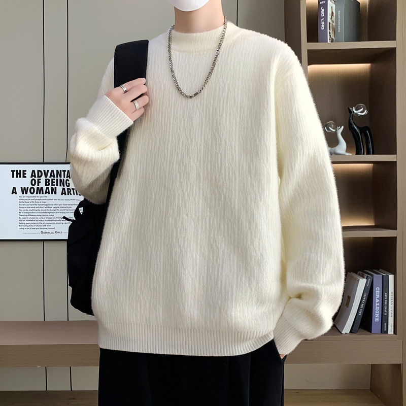 One-Piece Fleece Sweater for Men, New Autumn and Winter Style, Thickened and Fleece-Lined, Warm Jacquard Knit Base Shirt for Teenagers and Students