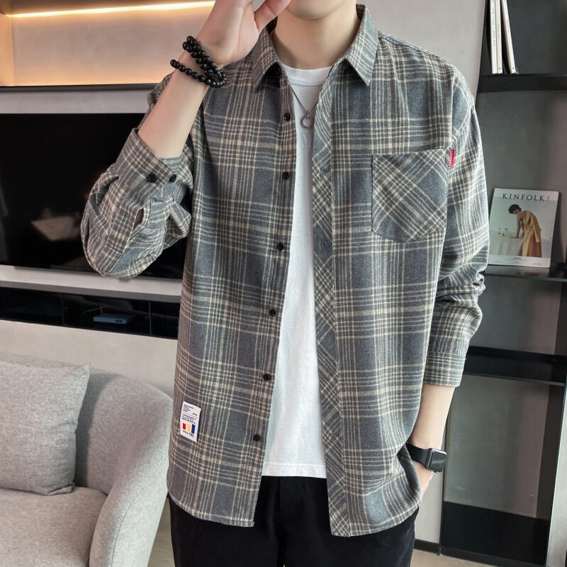2026 Summer New Trendy Plaid Shirt for Men, Hong Kong Style Casual Long Sleeve Jacket, Youth Shirt, Versatile, Contains Cotton