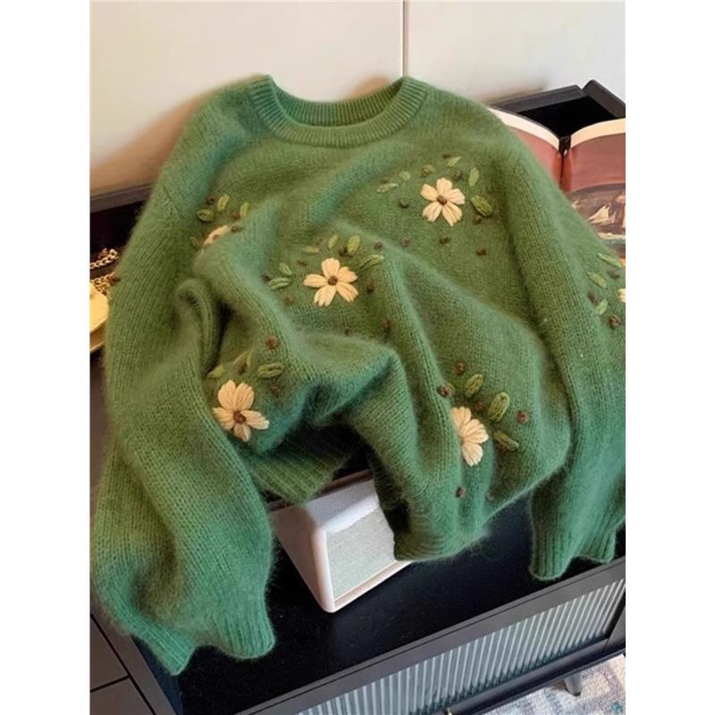 Forest Style Extra Large Size 150kg Lazy Style Green Sweater for Men with Unique Design and Niche Embroidery Round Neck Knit Top Forest Style Extra Large Size 150kg Lazy Style Green Sweater for Men with Unique Design and Niche Embroidery Round Neck Knit Top