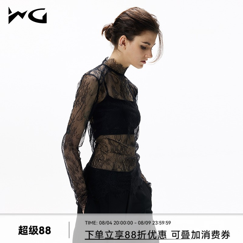 Wildground Black Lace Base Shirt, See-Through Hollow-Out Sexy Sheer Inner Layer, Layered Long-Sleeve Top Wildground Black Lace Base Shirt, See-Through Hollow-Out Sexy Sheer Inner Layer, Layered Long-Sleeve Top