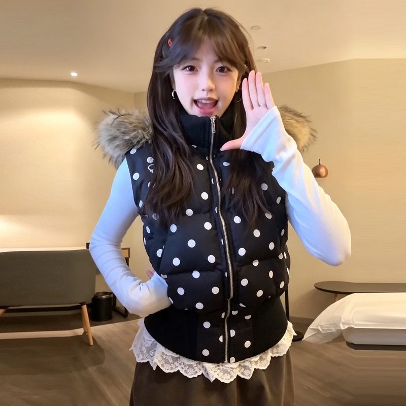 Polka Dot down Cotton Vest for Women, 2026 New Autumn and Winter Style, Layered Sleeveless Vest for Petite Figures, Cotton Jacket Vest