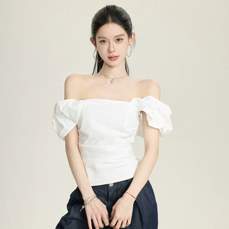 BULENG (ранее cchun Junko) "Nanfa White Jasmine" Тяжелая индустрия пышные рукава, блуза-одна лопатка для женщин