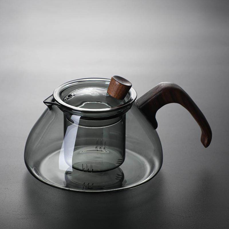 Japanese-Style High Borosilicate High-Temperature Resistant Teapot, Yunxi Teapot in Smoky Gray Transparent Color with Walnut Wood Handle