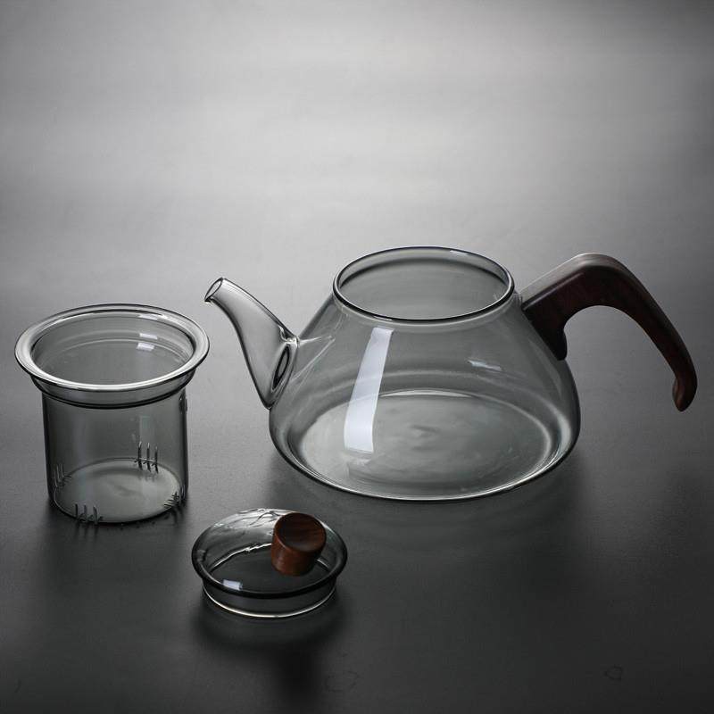 Japanese-Style High Borosilicate High-Temperature Resistant Teapot, Yunxi Teapot in Smoky Gray Transparent Color with Walnut Wood Handle