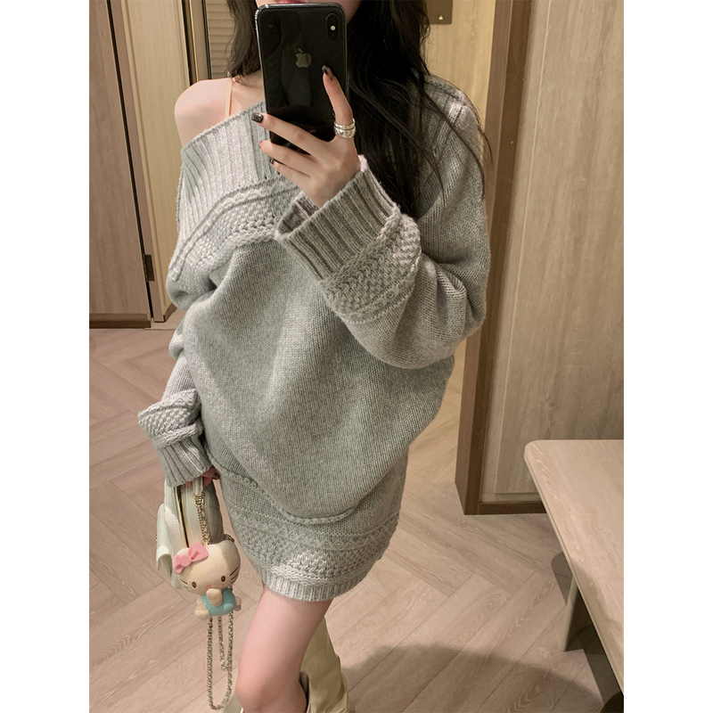 Chooouan_100%90S Micron Wool Jacquard One-Shoulder Gray Sweater/Knitted Skirt Early Spring Suit Chooouan_100%90S Micron Wool Jacquard One-Shoulder Gray Sweater/Knitted Skirt Early Spring Suit