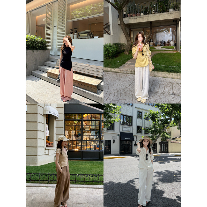 Chooan Ramie Cotton No-Waist Old Money Style Tailored Slightly Curved Floor-Length Pants Women's Summer Slimming Loose Wide-Leg Pants