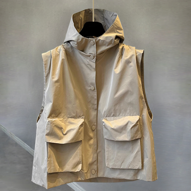 Solid Color Workwear Hooded Vest Jacket for Men, Spring and Autumn Trendy Three-Dimensional Pocket Outerwear Vest, Trendy Brand Loose Fit