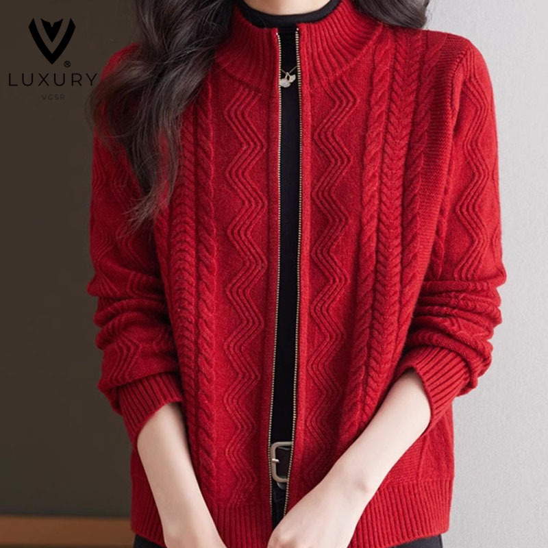 Ordos City Light Luxury Wool Sweater Women's Wool Cardigan Autumn and Winter New Half-Turtleneck Cable Knit Zipper Sweater Jacket Ordos City Light Luxury Wool Sweater Women's Wool Cardigan Autumn and Winter New Half-Turtleneck Cable Knit Zipper Sweater Jacket