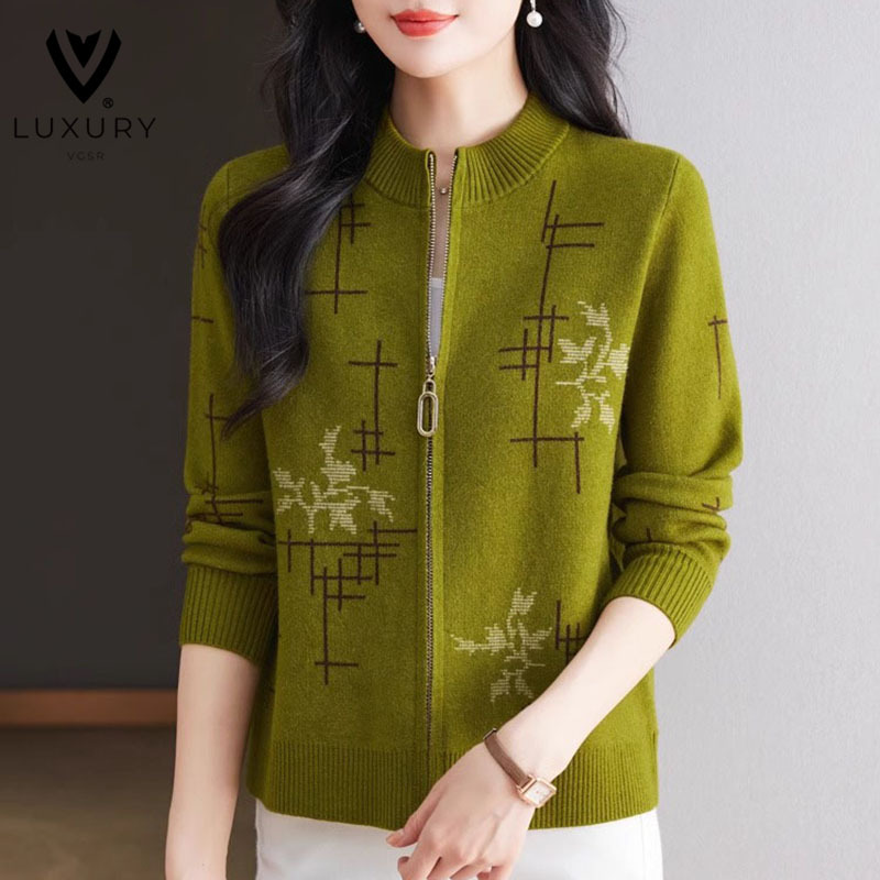 Ordos City Casual Spring, Autumn, and Winter New Style Stand Collar Zipper Knit Cardigan Women's Embroidered Sweater Coat for Moms
