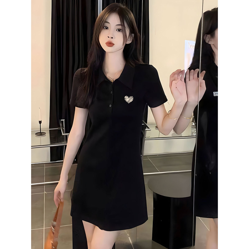 Summer New Style Lapel Mid-Length Polo Collar Dress for Women, Black Casual Versatile T-Shirt Dress with a Sense of Elegance Summer New Style Lapel Mid-Length Polo Collar Dress for Women, Black Casual Versatile T-Shirt Dress with a Sense of Elegance
