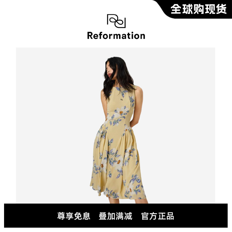 [Official Authentic Product] Reformation French-Style Sleeveless Dress for Women, Waist-Cinching, Slimming, Floral A-Line Dress