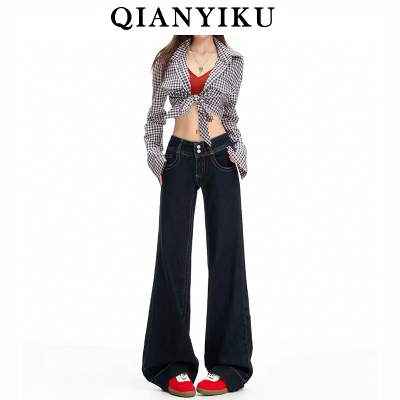 Retro Dark Blue Low-Waist Slightly Flared Jeans for Women 2026 Spring and Summer New Design Non-Tight Straight-Leg Flared Pants