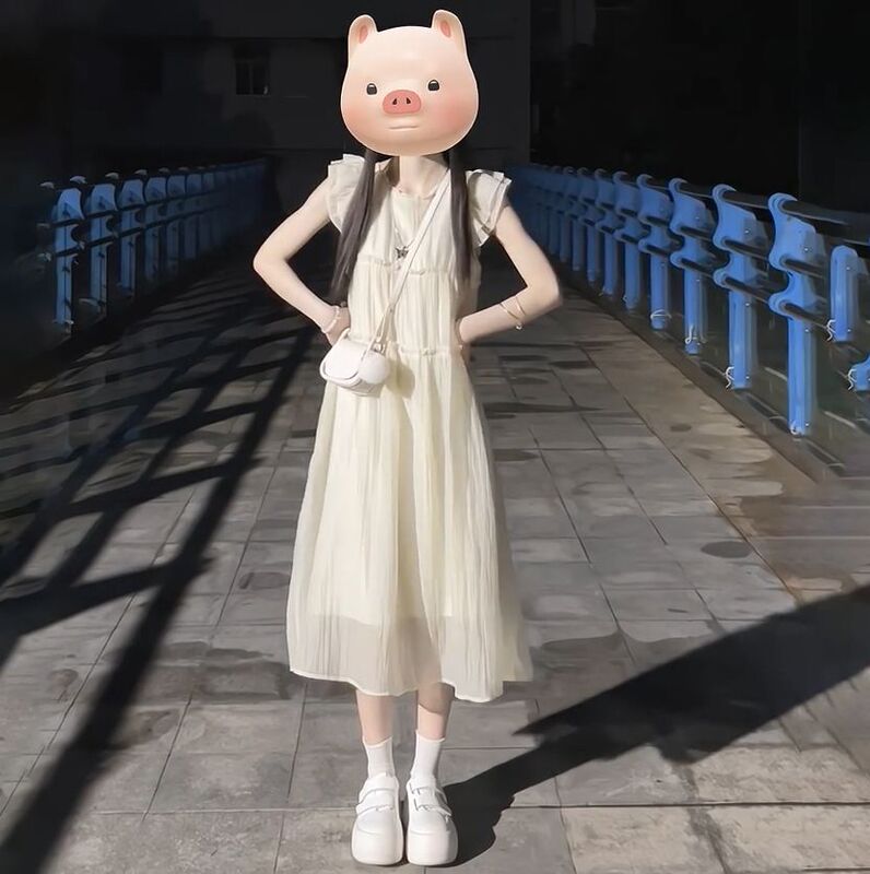 Summer French Campus Style Small Flying Sleeves Apricot Lace-Up Splicing Dress for Female Students Loose Flesh-Covering Holiday Long Skirt Summer French Campus Style Small Flying Sleeves Apricot Lace-Up Splicing Dress for Female Students Loose Flesh-Covering Holiday Long Skirt