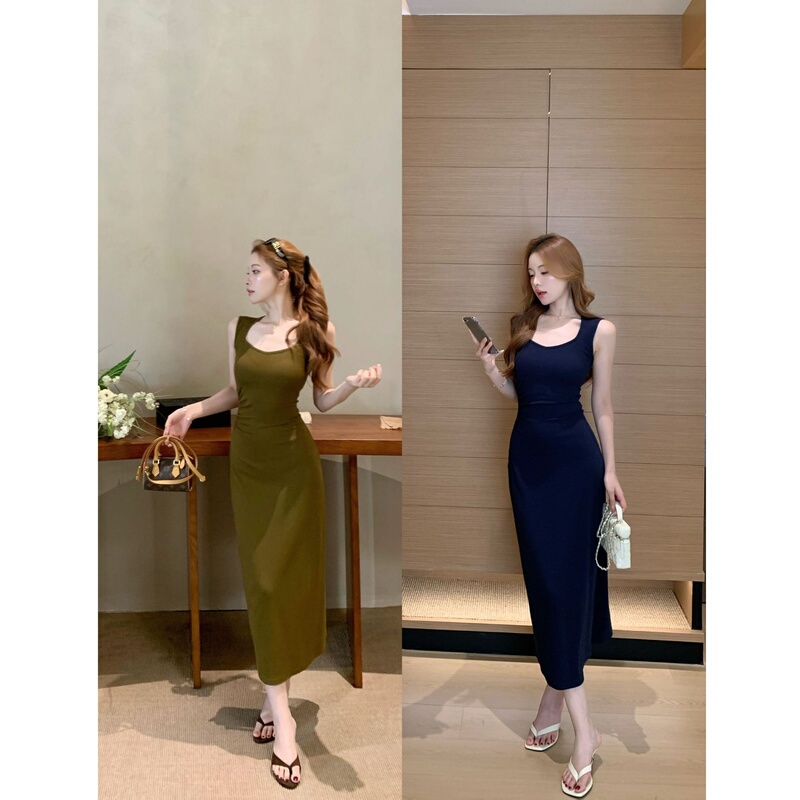 Sza【Party Highlight】Versatile Basic Dress Summer Slim Fit Bodycon Midi Dress A-3130