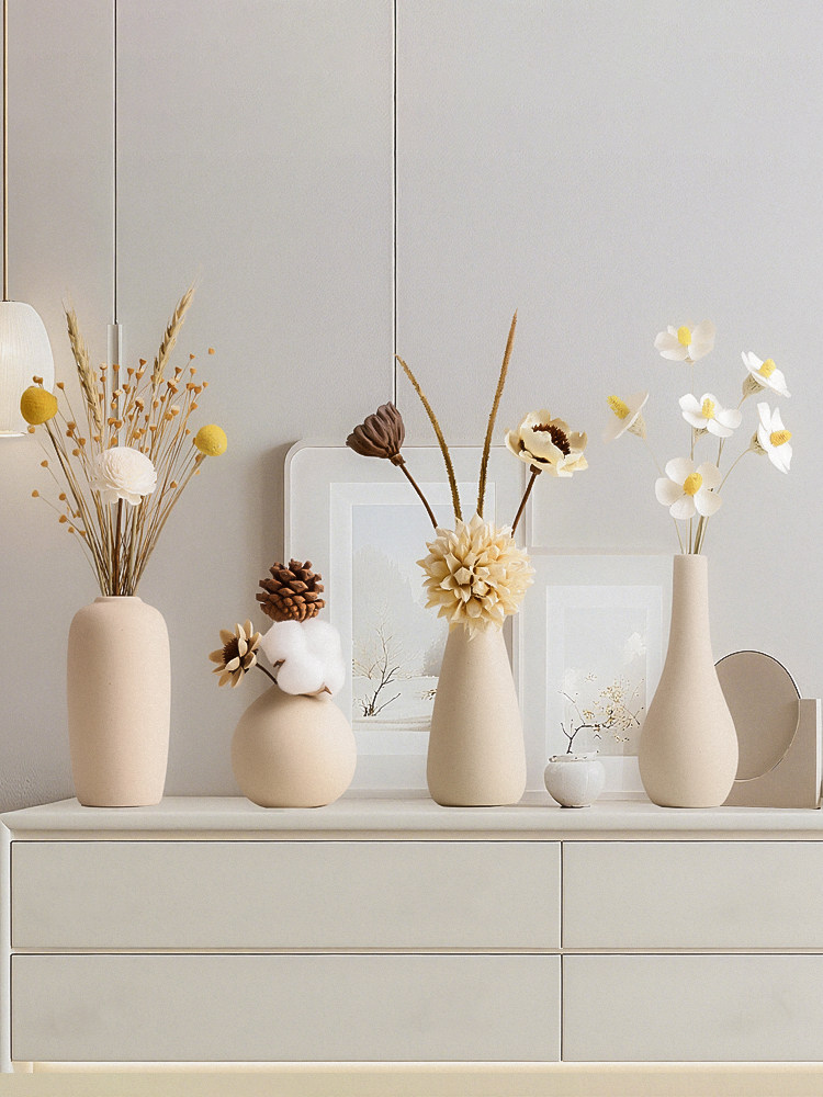 Cream Ceramic Vase & Scented Decor Set – Farmhouse Centerpiece for TV Stand, Wine Cabinet, Coffee Table – Perfect for Dried Flowers