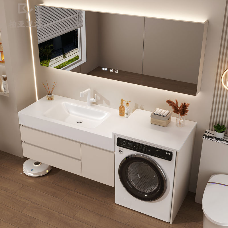 Balcony 2025 New Model Bathroom Cabinet with Sink and Washbasin Combination, Rock Slab Hot-Bent Washing Machine Cabinet, Bathroom Vanity