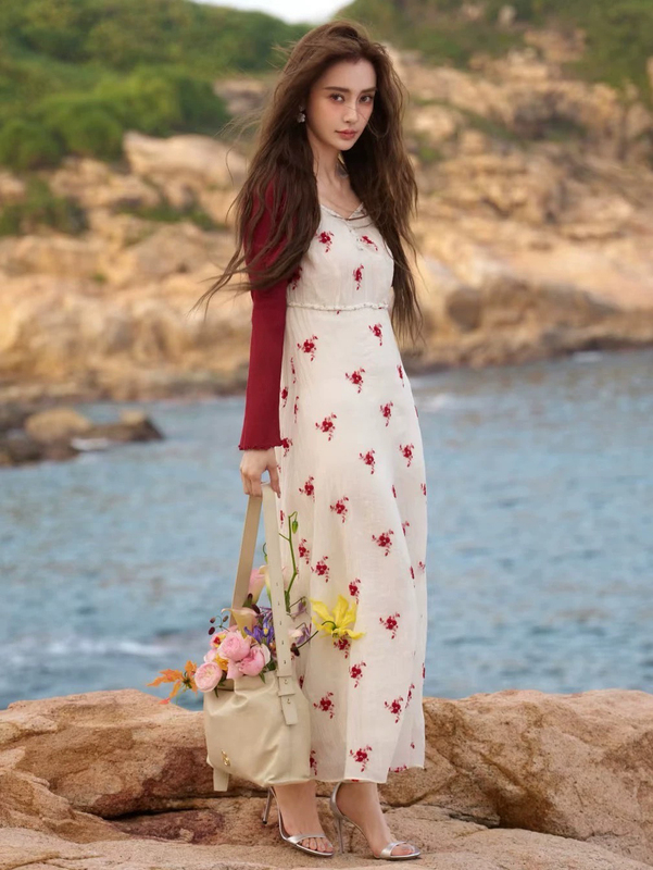 Angelababy Celebrity Style 2025 Summer French Retro Spaghetti Strap Dress Slim Fit Long Dress for Women