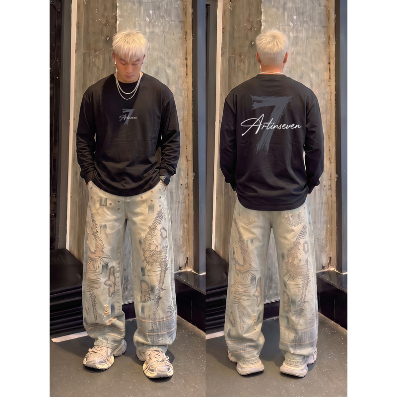 American Street Casual Fashion Brand No. 7 Long-Sleeved T-Shirt for Men in Autumn and Winter, High-End Oversize Loose Cotton Bottoming Shirt American Street Casual Fashion Brand No. 7 Long-Sleeved T-Shirt for Men in Autumn and Winter, High-End Oversize Loose Cotton Bottoming Shirt