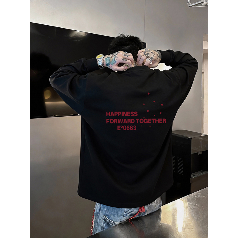 American-Style Trendy Brand Urban Relaxed Vibe English Long-Sleeve T-Shirt for Men, Autumn and Winter High-End Versatile Black Pure Cotton Base Shirt
